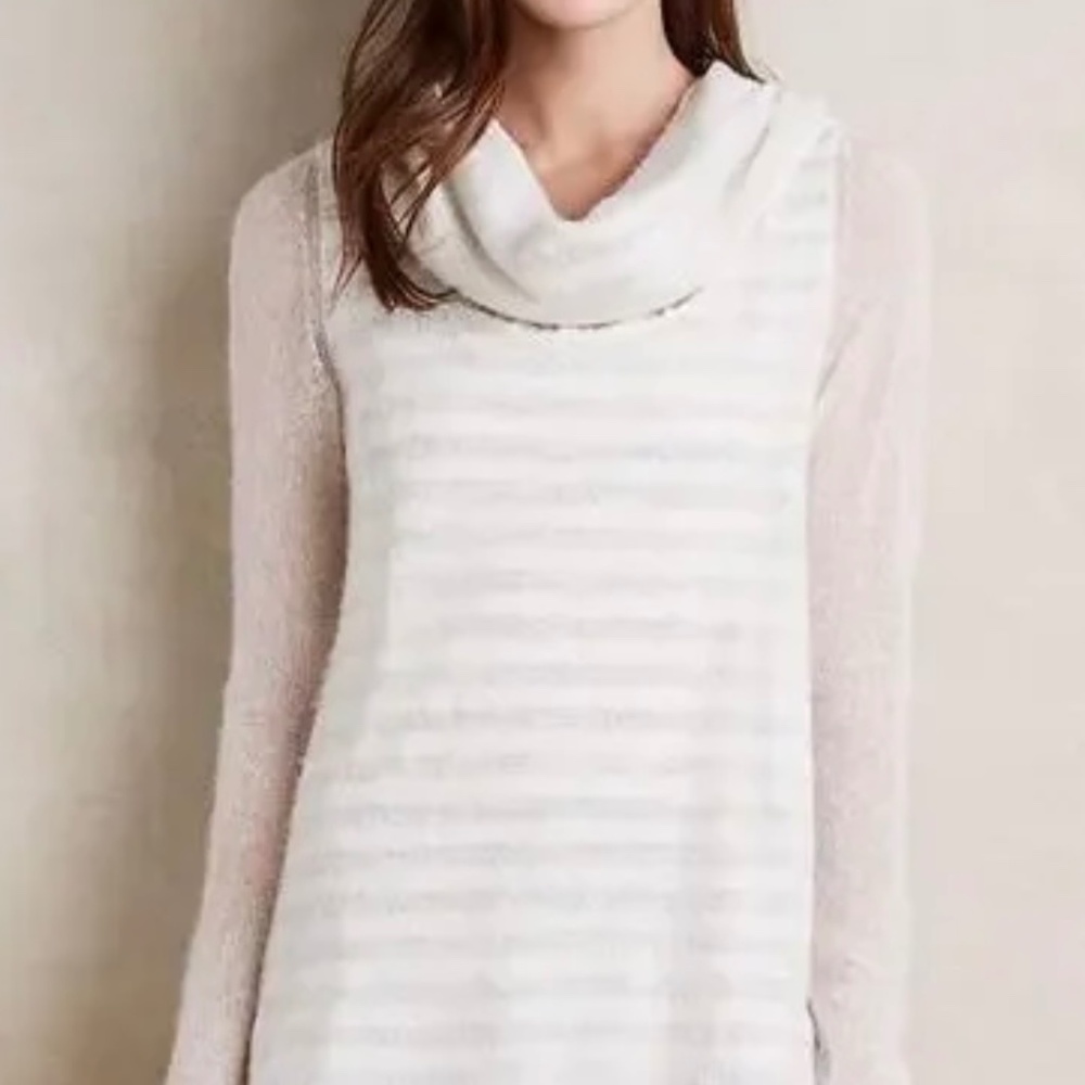 Anthropologie Moth Gray Cream Double Layer Cowl Neck Alpaca Wool Sweater